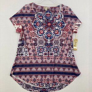 New World Unity size Large Colorful Bohemian Short Sleeve Stretch Blouse Casual